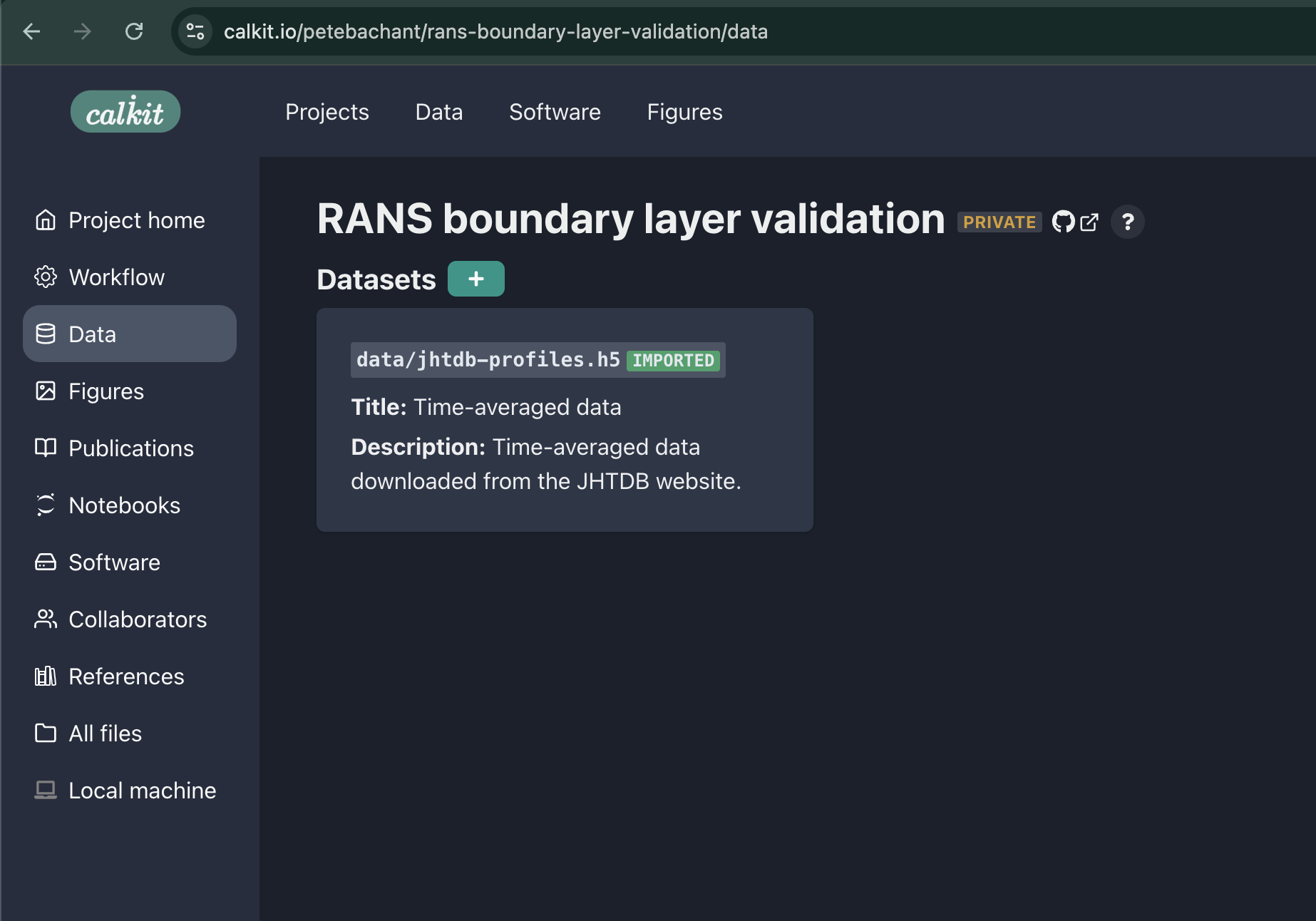 Calkit project datasets page.